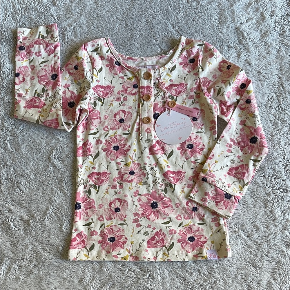 Sweet Honey Floral Long Sleeve Henley Top  SZ 6Y